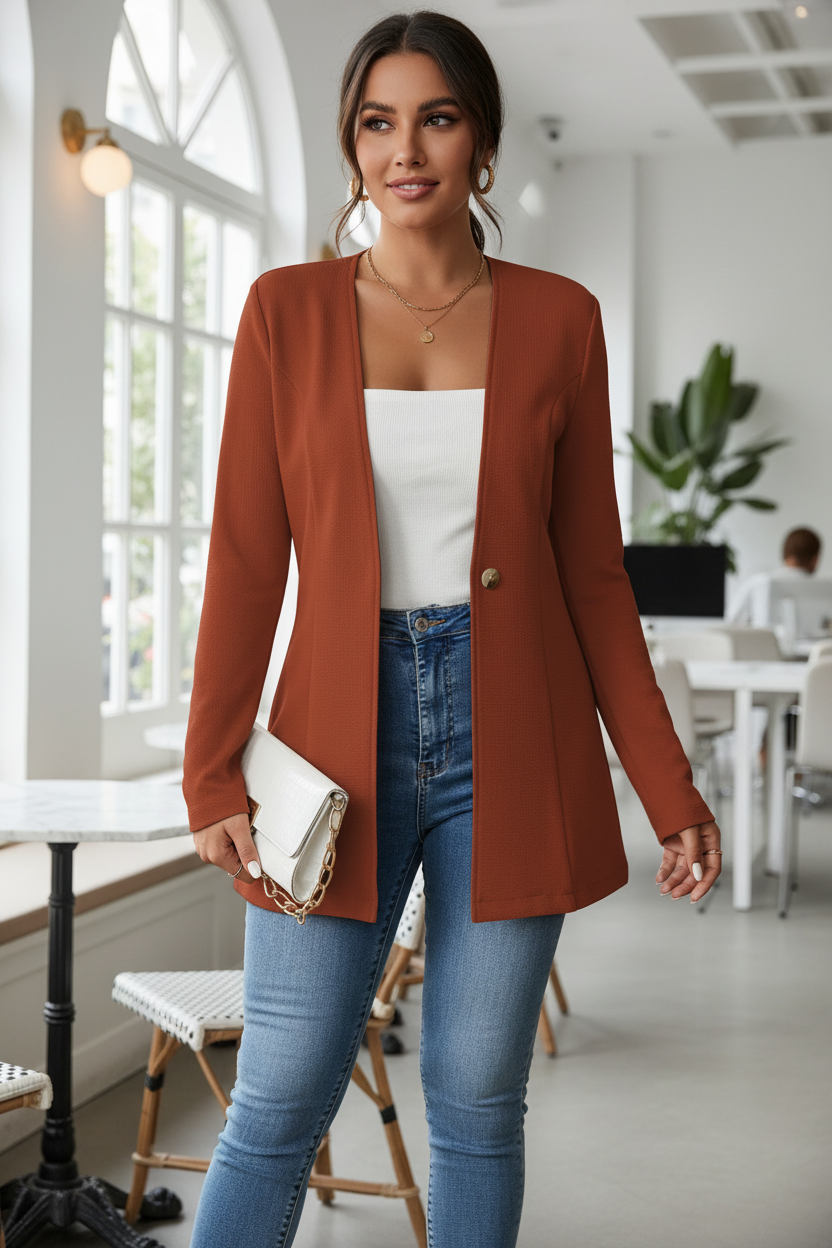 Blazer Grande Taille – Manches Longues & Bouton Unique